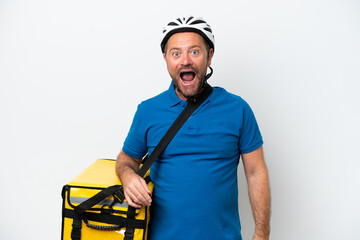 Middle age caucasian man with thermal backpack isolated on white background with surprise facial expression