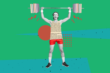 Composite collage portrait of excited black white colors guy hands hold press book barbell isolated...
