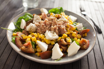 Closeup of salad with fish and vegetables for lunch