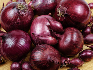 Large bulbs of red onions and onion sets for planting and growing are arranged on a wooden board, natural background