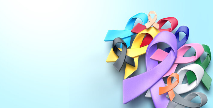 multi colorful cancer awareness ribbon on blue background for campaign of World Cancer Day banner and background, 3d rendering