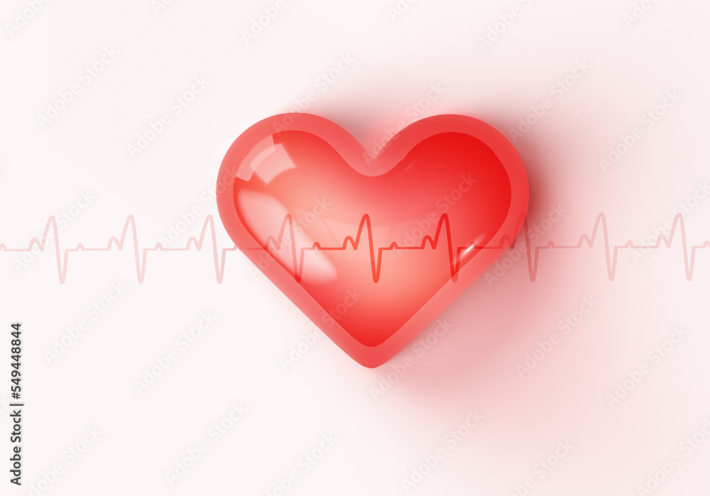 Wall mural 3d red heart shape with line of cardiogram for heart health, health care, health checkup concept