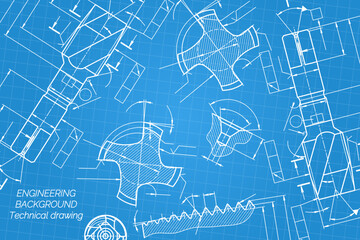 Mechanical engineering drawings on blue background. Tap tools, borer. Technical Design. Cover. Blueprint. Vector illustration.