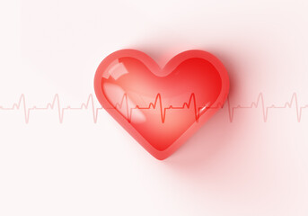 3d Red heart shape with line of cardiogram for heart health, health care, health checkup concept