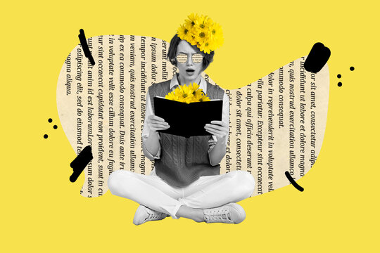Creative collage picture of impressed black white colors girl reading interesting book flowers head big text page isolated on yellow background
