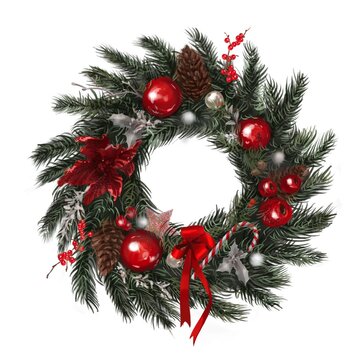  Christmas wreath. Watercolor drawing of a Christmas wreath with red balls and green branches. Hand drawn.