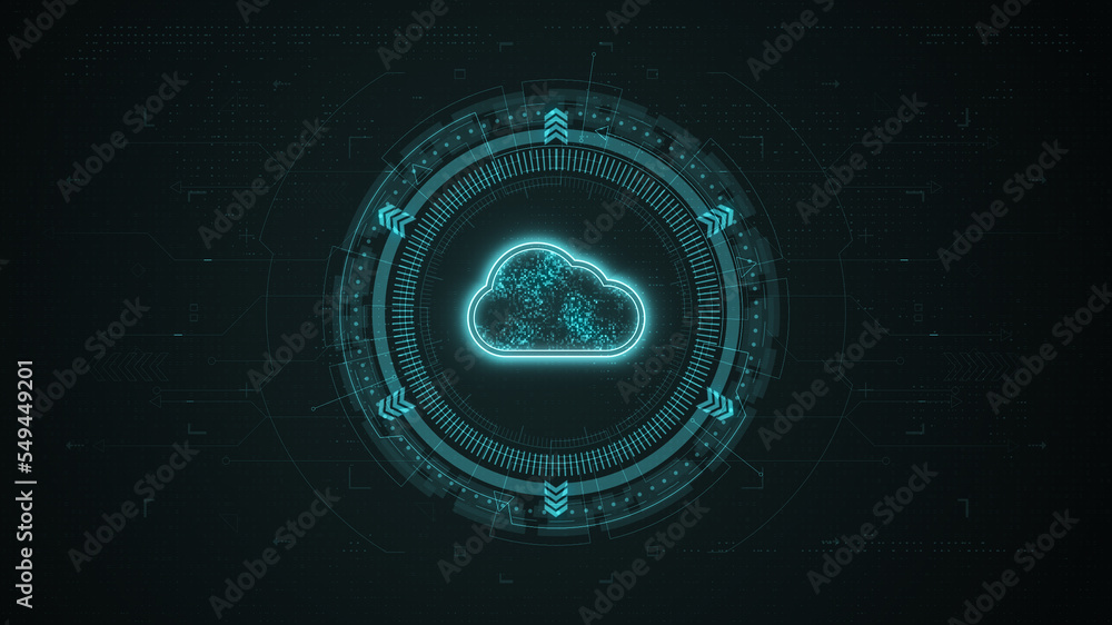 Fototapete blue digital cloud computing logo and data stroage system with rotation hud circle technology interf