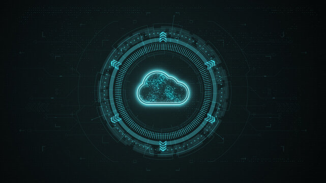 Blue digital cloud computing logo and data stroage system with rotation HUD circle technology interface and futuristic elements abstract background