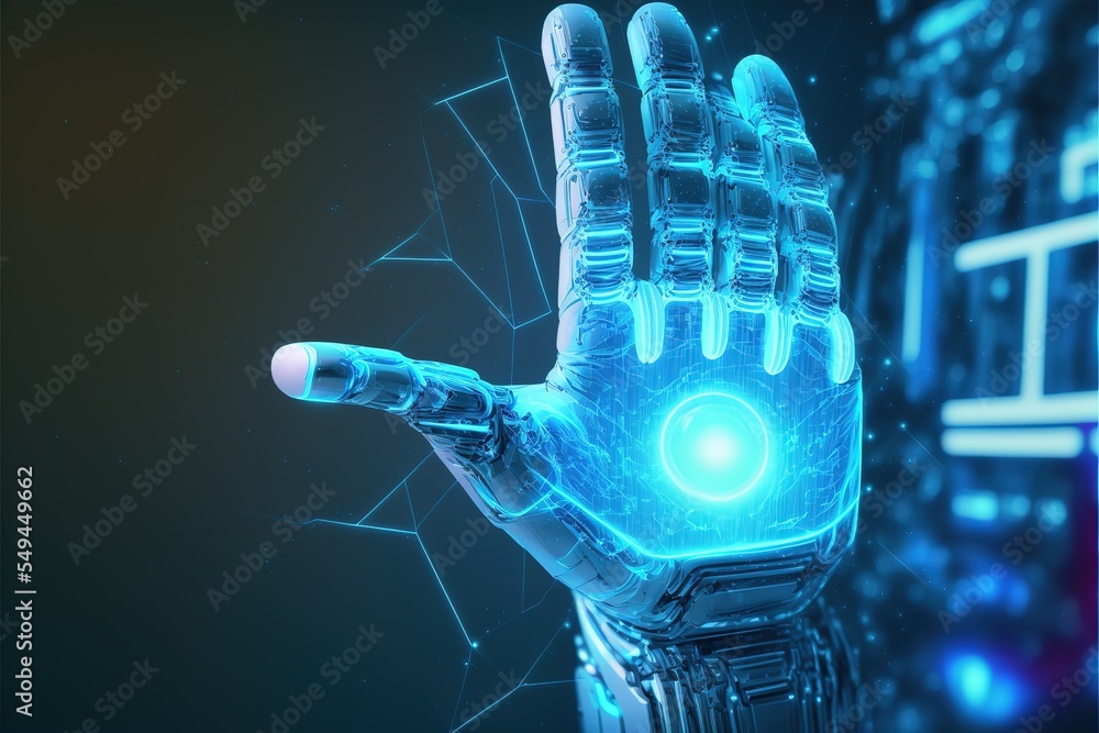 Leinwandbilder the robot mechanical arm or hand presses the index finger on the button a virtual holographic interf