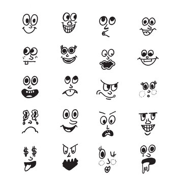 comic Faces with various Emotions. ink drawing style. Different characters. Cartoon style. Flat design sad happy amazed crying evil facial expressions funny emojis Hand drawn  Vector illustration.
