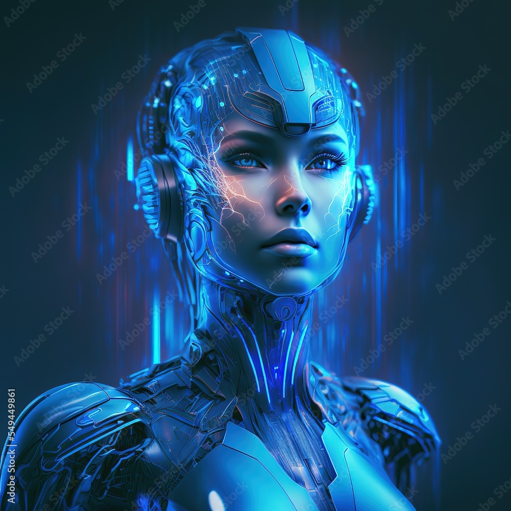 Aufkleber ai in image robot woman or female cyborg working on 3d holographic interface. futuristic modern. gen