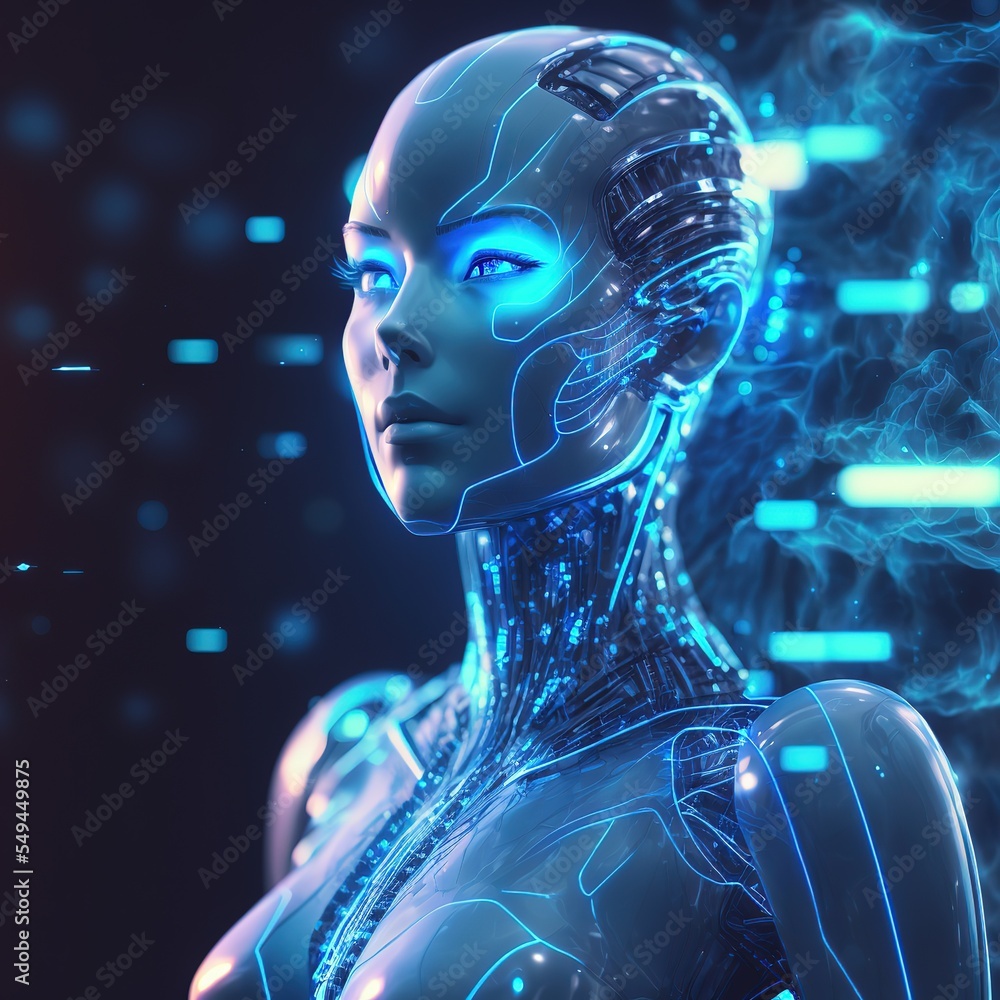 Poster ai in image robot woman or female cyborg working on 3d holographic interface. futuristic modern. gen
