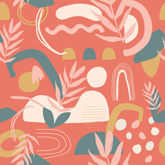 Abstract, simple, floral, seamless patterns. Colorful small and large, ditsy, flowers collection. Sketch flat drawing. Botanical collage in modern trendy style. Summer meadow flowers