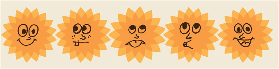 Set of suns. Cute sun. Yellow faces Emoji emoticons.  Sun characters collection in different facial expression for hot tropical sunny summer design hand drawn style
Vector illustration isolated