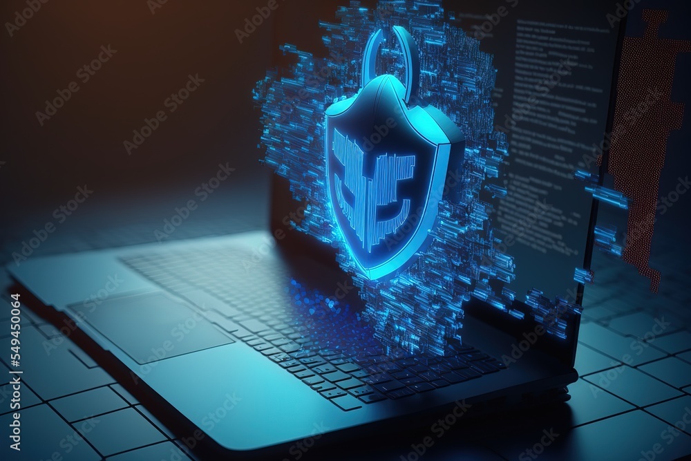 Poster computer bot hacks firewall on laptop. futuristic modern , ai