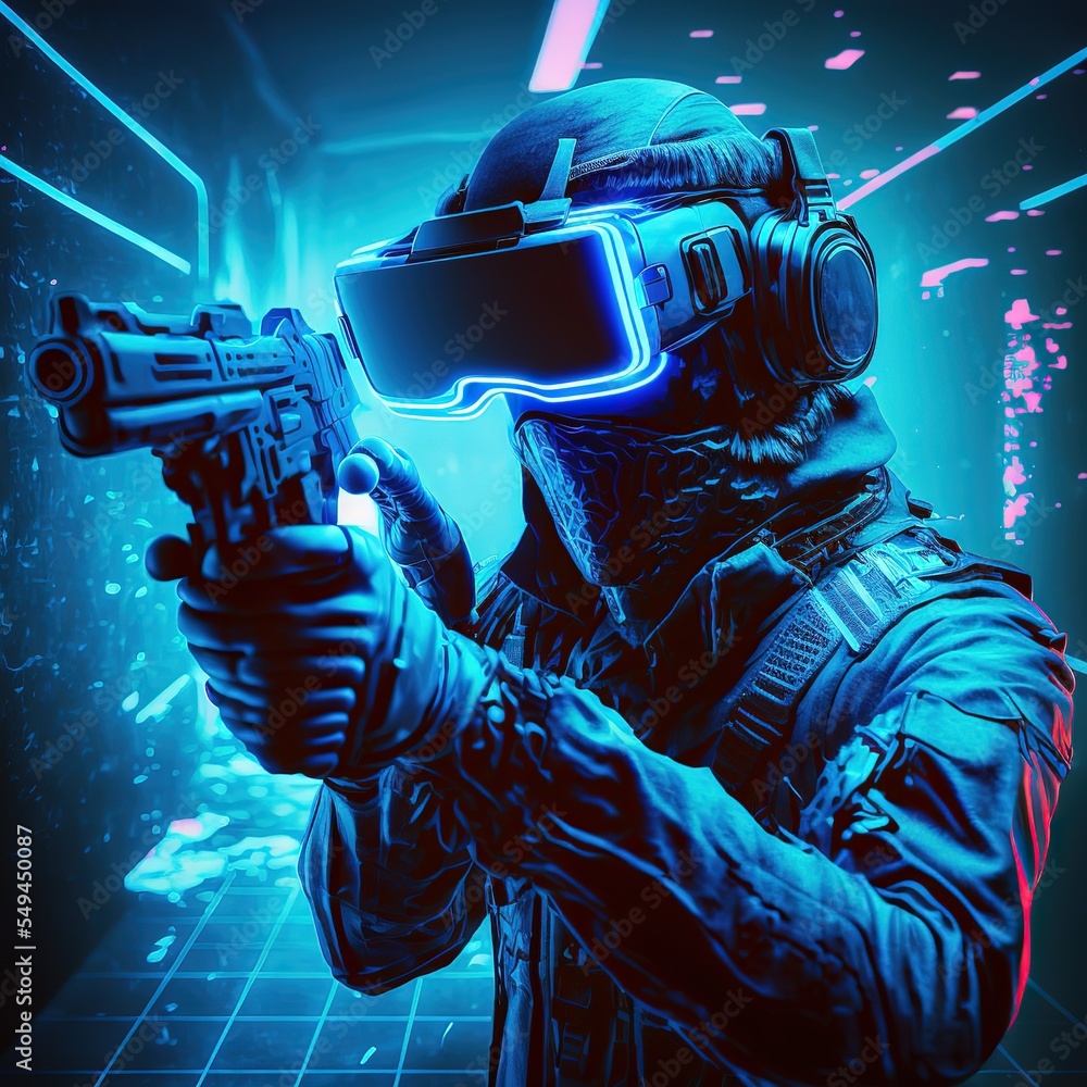 Poster computer player with a gun in virtual reality. futuristic modern , ai