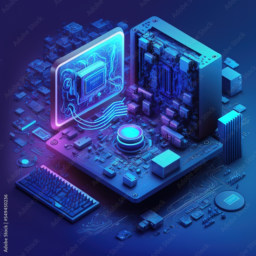 Poster Hardware and software computer technology background. Futuristic modern Generative AI