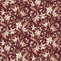 Seamless floral pattern, elegant ditsy print with liberty wild field. Pretty flower design with vintage motif. Small hand drawn flowers, tiny leaves, twigs on burgundy background. Vector illustration.