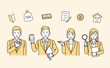 税金やお金について説明する税理士、ビジネスパーソンのイラスト