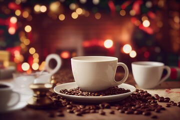 Cup of coffee and Fireplace Christmas bokeh backround. Xmas living ambience with blurry lights and candles. Generative AI.
