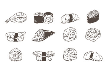 Vector set of sushi icons. Sushi icons doodle collection
