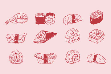 Vector set of sushi icons. Sushi icons doodle collection