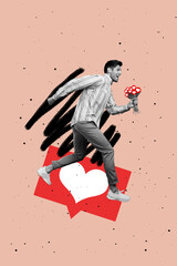 Vertical collage image of excited overjoyed black white colors guy hold like notification bouquet running isolated on drawing background