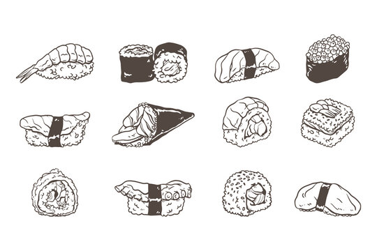 Vector set of sushi icons. Sushi icons doodle collection