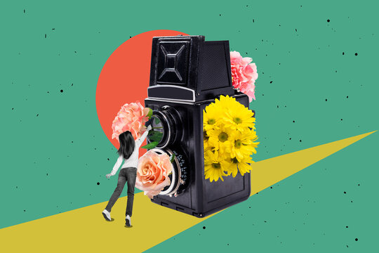 Creative collage illustration of little girl black white gamma put flowers big retro photo camera isolated on painted background