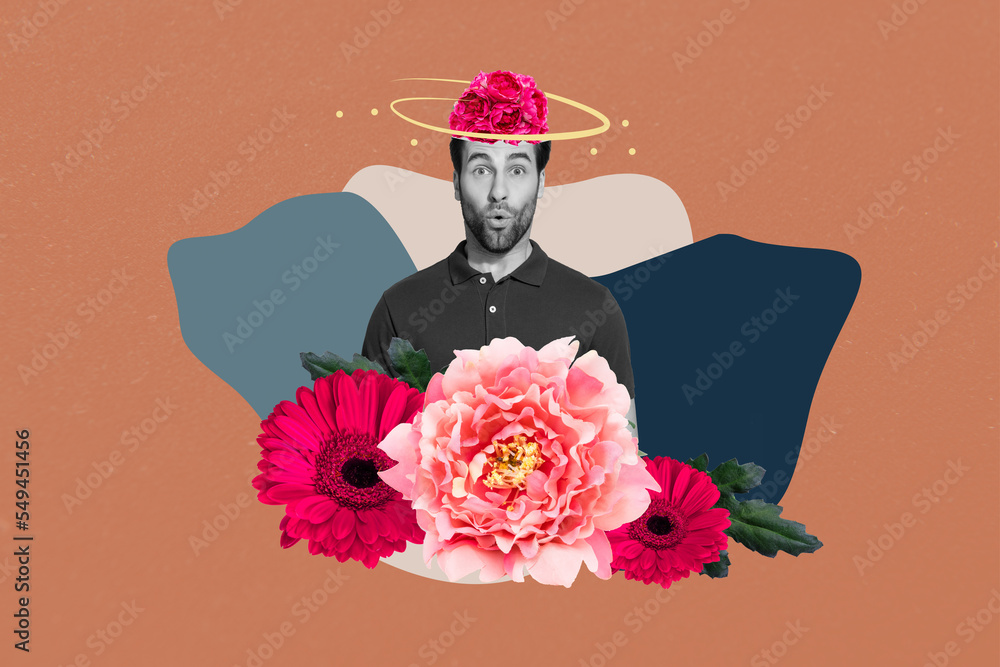 Poster Creative collage picture of impressed minded guy black white effect head flower isolated on drawing creative background