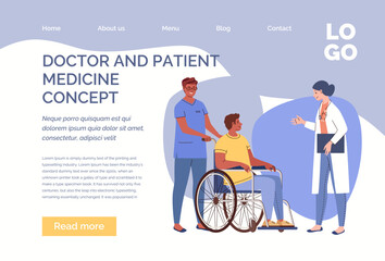Man in wheelchair is talking to therapist. Paramedic accompanies disabled person. Doctor makes recommendations to patient. Rehabilitation treatment, adaptation, support. Template, landing page. Vector