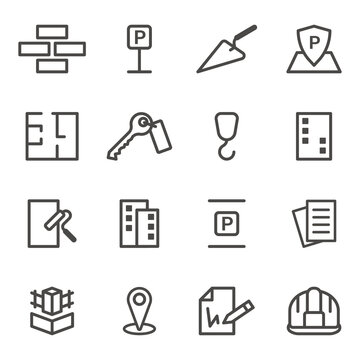 A set of icons for a construction site. Linear representation of the elements of the services provided within the construction of residential complexes and individual houses. Vector.