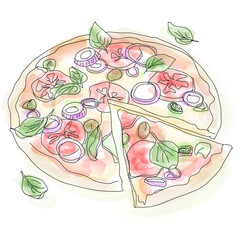 Fresh baked homemade pizza or pie with basil , mozzarella cheese and fresh basil leaves. top view .isolated on white background. Vector illustration. Hand drawing