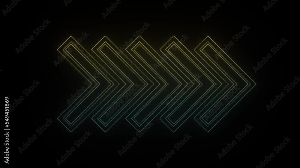 Poster glowing neon arrows icon on black background. video presentation elements. 4k video animation for mo