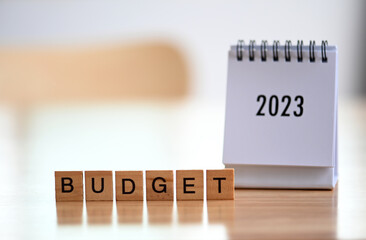 Budget 2023 and calendar 2023 on desk in modern office,Trends Business Concept 2023