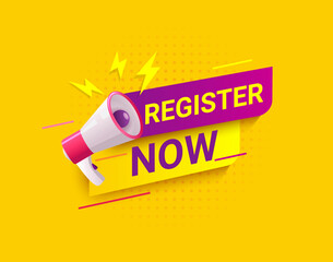 Register now, Social message in dynamic style on halftone bright background with lightnings and megaphone. Free registration, design template for web, banner, poster, social media and post.Vector - obrazy, fototapety, plakaty
