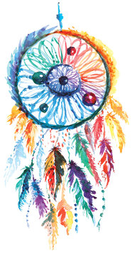 Watercolor decoration bohemian dreamcatcher.Boho feathers decoration.