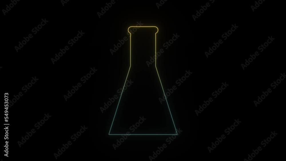 Poster glowing neon flask icon on black background. conducting experiments. 4k video animation for motion g