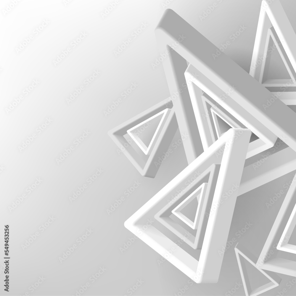 Poster abstract background with geometric triangle shapes in different position, white monochrome