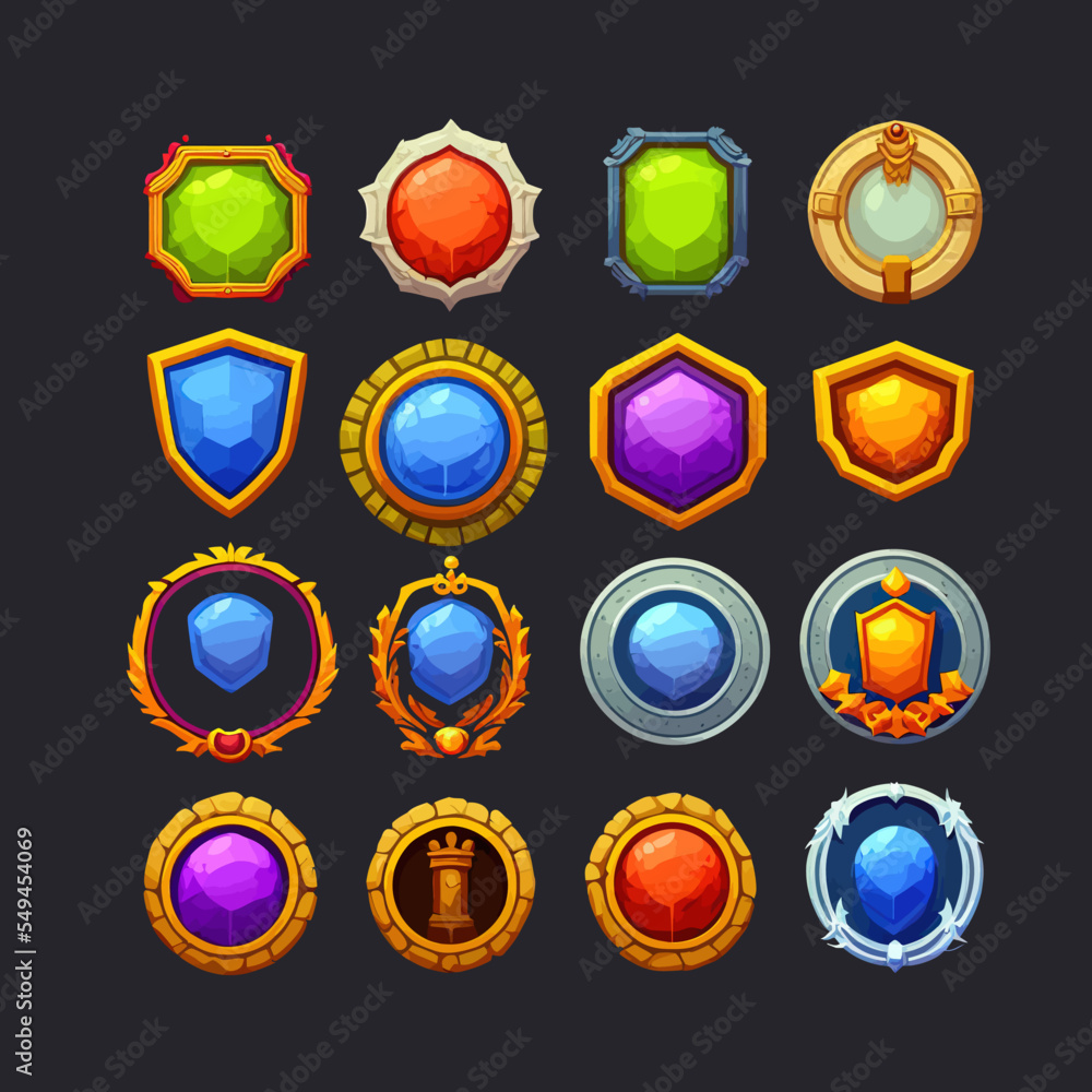 Poster a set of colorful game level frames isolated on the background. cartoon round user interface avatar 