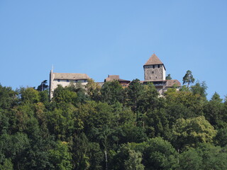 Fototapeta na wymiar Hohenklingen castle in forest above Stein am Rhein town in Switzerland
