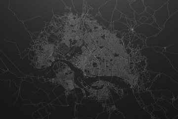 Street map of N'Djamena (Chad) on black paper with light coming from top