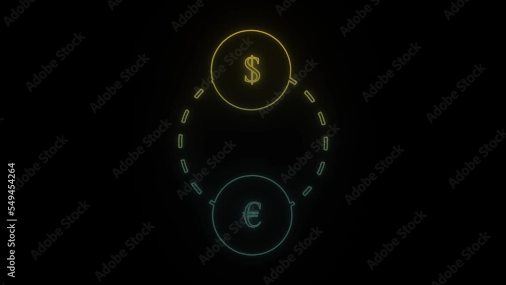 Poster glowing neon currency exchange icon on black background. currency exchange between countries. 4k vid