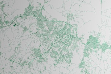 Map of the streets of Abuja (Nigeria) made with green lines on white paper. 3d render, illustration