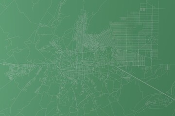 Stylized map of the streets of Kandahar (Afghanistan) made with white lines on green background. Top view. 3d render, illustration