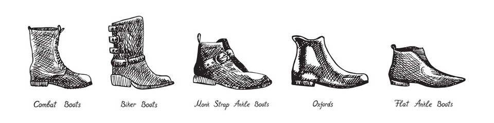 Combat Boots, Biker Boots, Monk Strap Ankle Boot, Oxfords, Flat Ankle Boots, isolated hand drawn outline doodle, sketch, black and white illustration with inscription, boots set collection - 549454241