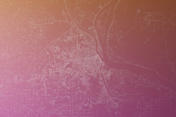 Map of the streets of Phnom Penh (Cambodia) made with white lines on pinkish red gradient background. Top view. 3d render, illustration