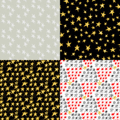 Set of seamless textures with hand drawn doodle stars. Christmas patterns for holiday wrapping paper