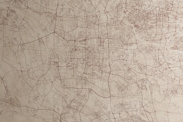Map of Foshan (China) on an old vintage sheet of paper. Retro style grunge paper with light coming from right. 3d render