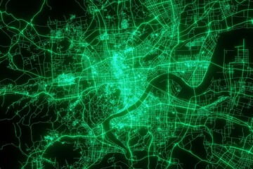 Fototapeta na wymiar Map of the streets of Hangzhou (China) made with green illumination and glow effect. Top view on roads network. 3d render, illustration